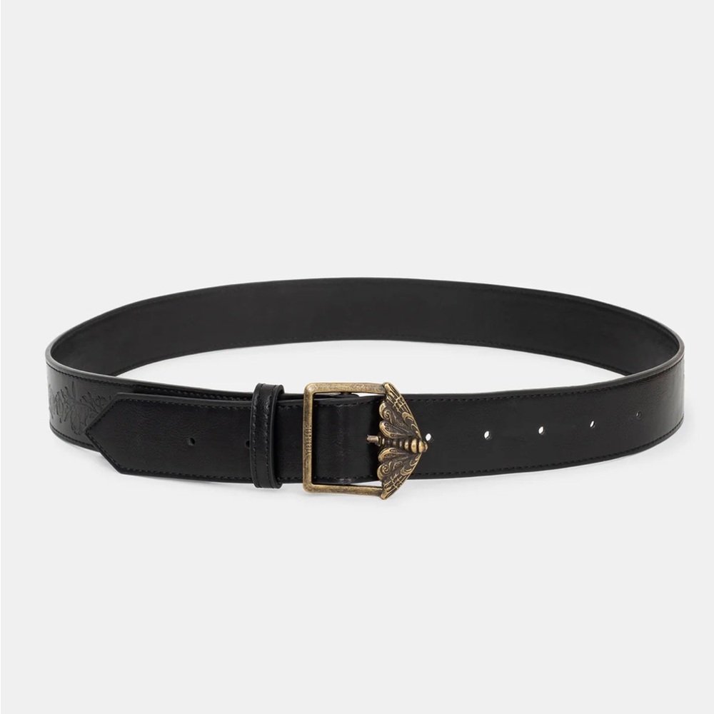 Disturbia Black Leather Belt with Antique Gold Moth Accent